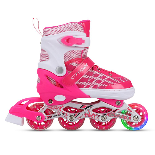 "CITY-RIDE" Комплект (ролики, защита, шлем, конусы 5 шт), переднее колесо со светом, S размер (29-33), ABEC 7, цвет розов в н/сумке в Джамбо Тойз #15